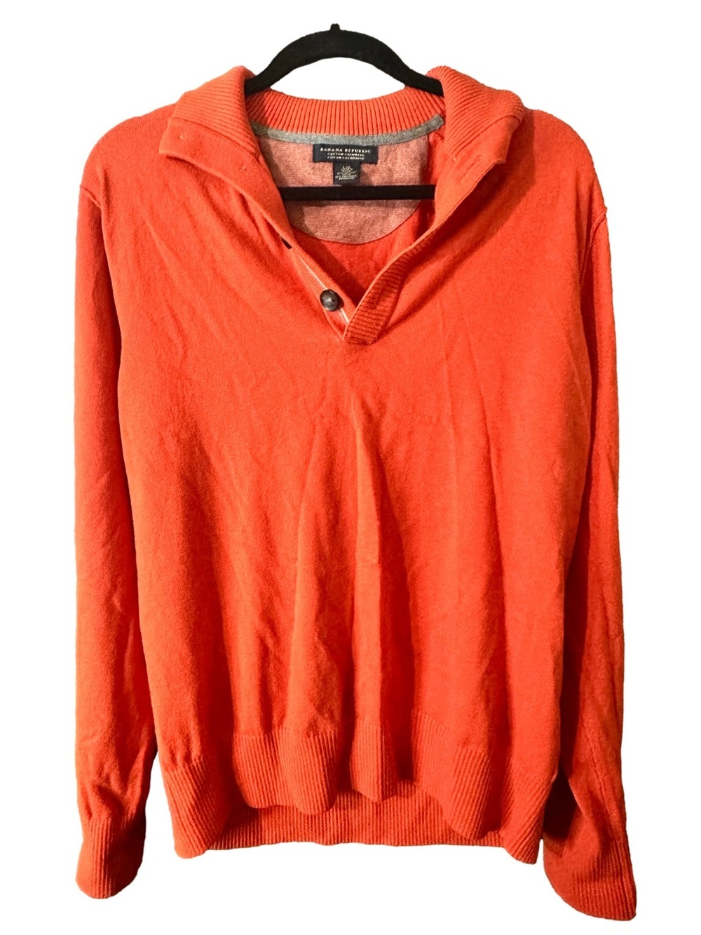 Banana Republic Orange and Heather Gray Cotton-Cashmere Button Neck Sweater Sz L